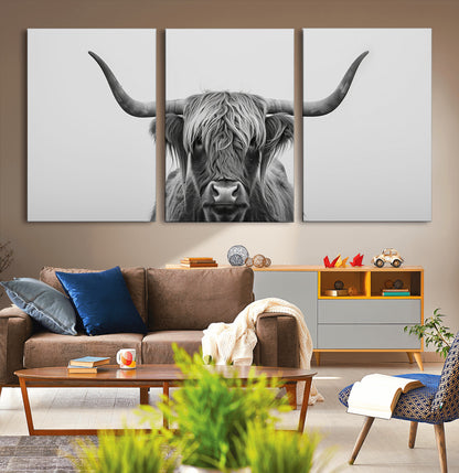 35820-MGV-CV-36X24-Minimalist Highland Cow Wall Art – Black and White Longhorn Cattle Canvas Print, Modern Farmhouse Animal Photography Decor for