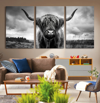17924-MGV-CV-36X24-Highland Cow Wall Art – Black and White Rustic Longhorn Cattle Canvas Print, Farmhouse Animal Photography Decor for Country Home