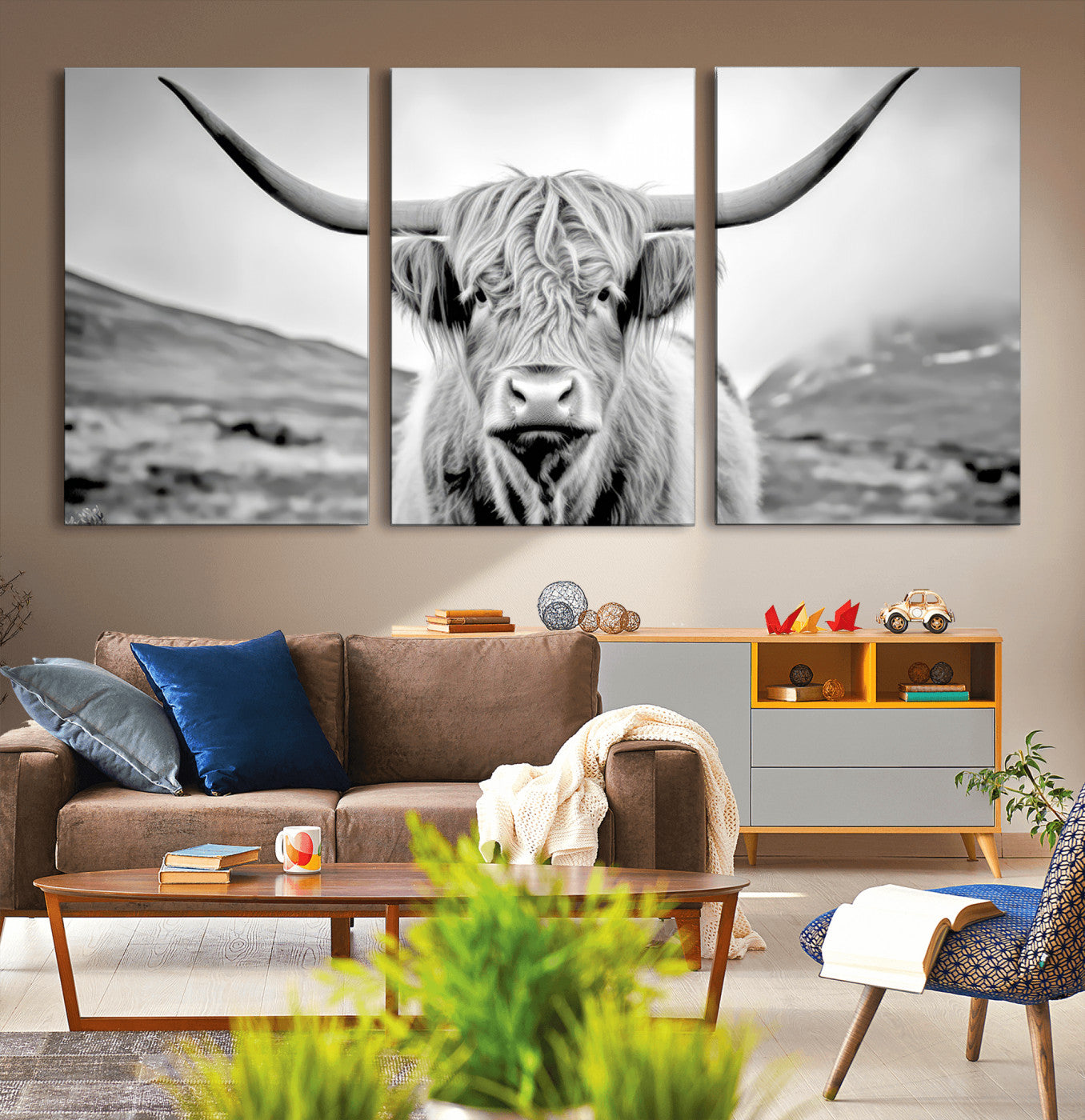 80564-MGV-CV-36X24-Highland Cow Wall Art – Black and White Scottish Highland Canvas Print, Rustic Farmhouse Decor for Living Room, Bedroom or Office