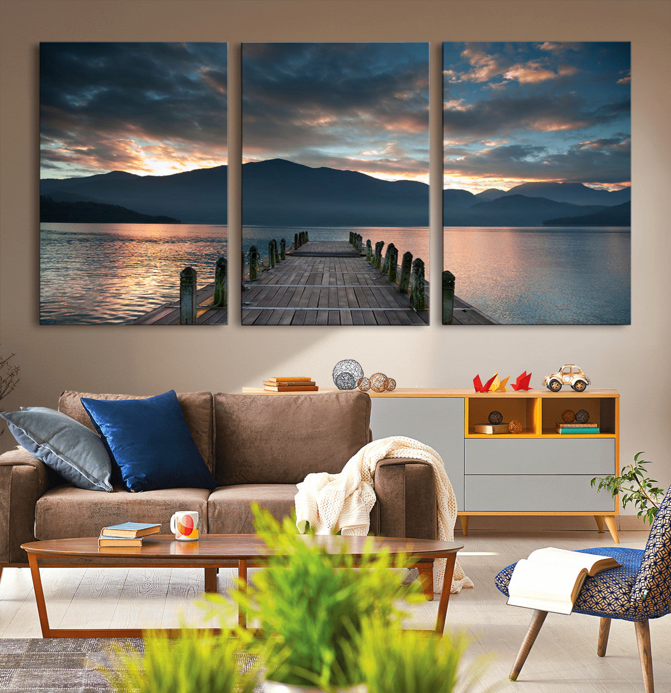 20442-MGV-CV-36X24-Lakeside Sunset Dock Wall Art – Peaceful Mountain Lake Canvas Print, Serene Nature Landscape Decor for Living Room, Bedroom or