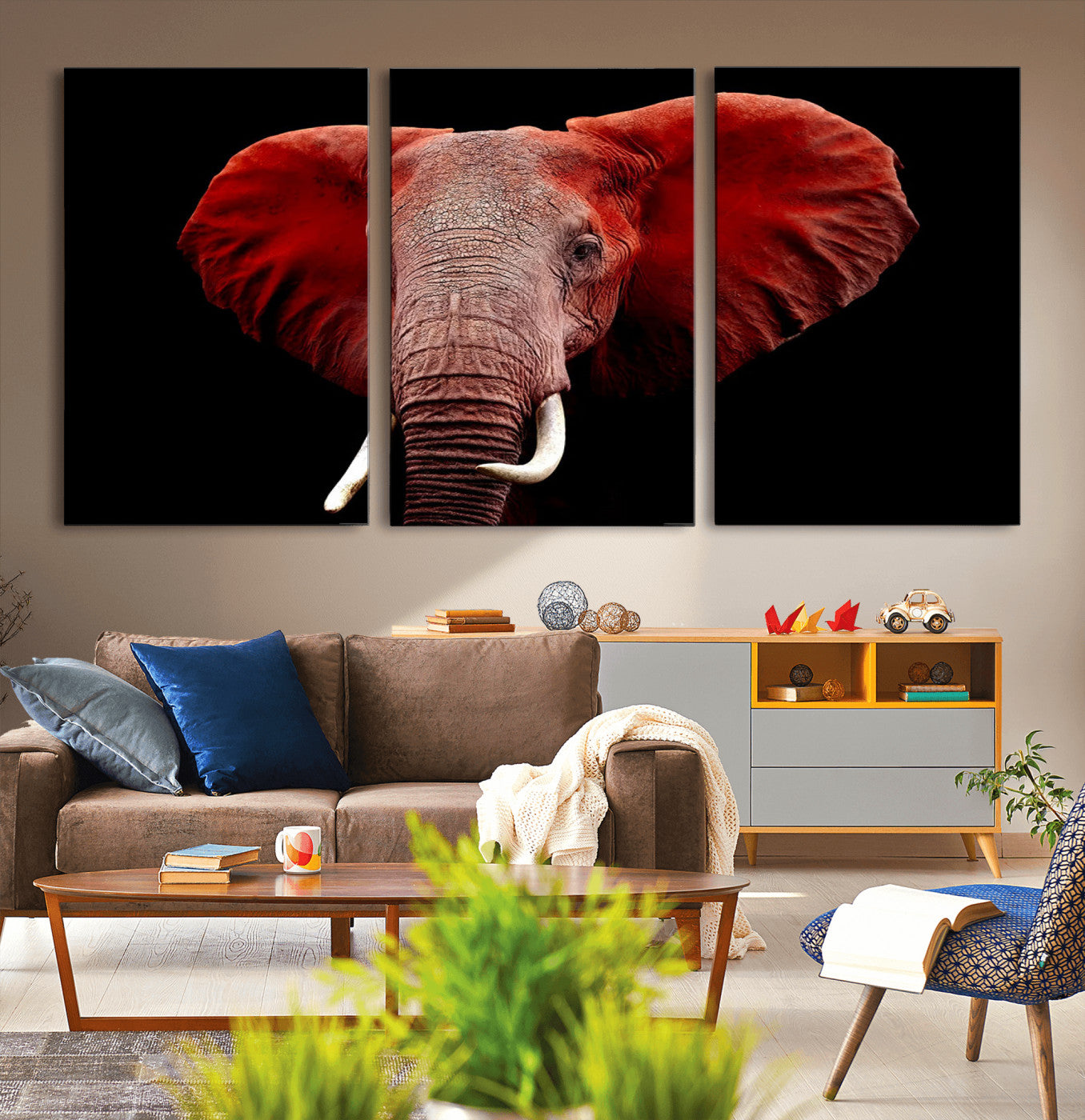 14788-MGV-CV-36X24-Red Elephant Wall Art – Bold Wildlife Canvas Print, African Safari Animal Decor for Living Room, Bedroom or Office