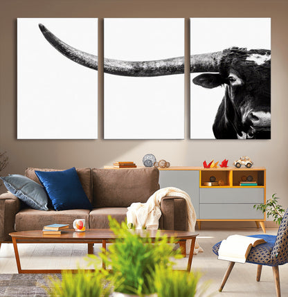 31699-MGV-CV-36X24-Longhorn Wall Art – Black and White Texas Longhorn Cow Canvas Print, Rustic Western Farmhouse Artwork for Living Room, Bedroom or