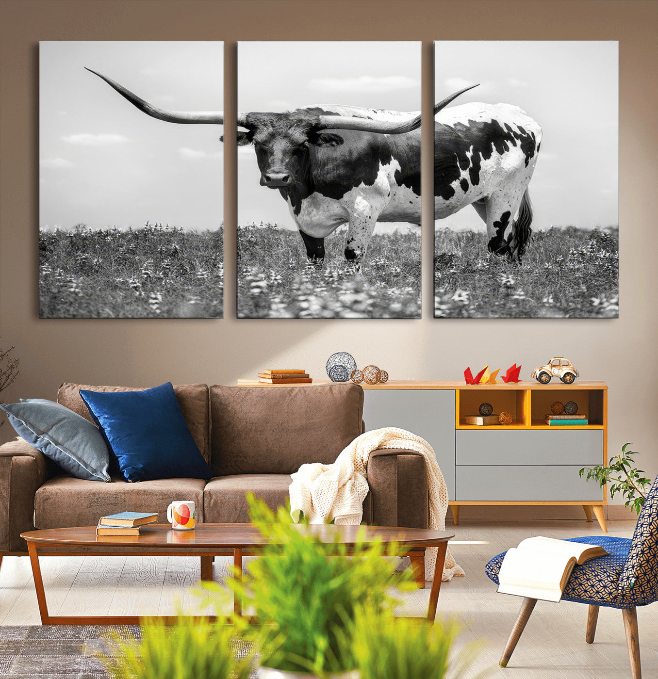 94709-MGV-CV-36X24-Texas Longhorn Wall Art – Black and White Bull Photography Canvas Print, Western Farmhouse Wall Decor for Living Room, Office or