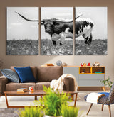 94709-MGV-CV-36X24-Texas Longhorn Wall Art – Black and White Bull Photography Canvas Print, Western Farmhouse Wall Decor for Living Room, Office or