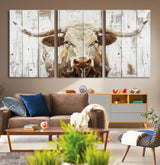 71551-MGV-CV-36X24-Longhorn Bull Wall Art – Rustic Western Cow Canvas Print, Farmhouse Animal Painting with Wood Plank Style for Living Room, Office