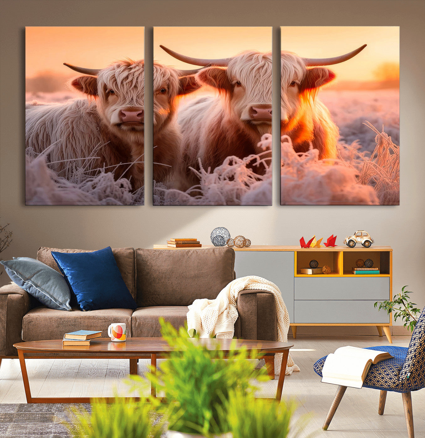68253-MGV-CV-36X24-Highland Cow Wall Art – Rustic Farmhouse Cattle Canvas Print, Frosty Sunset Animal Artwork for Living Room, Bedroom or Country