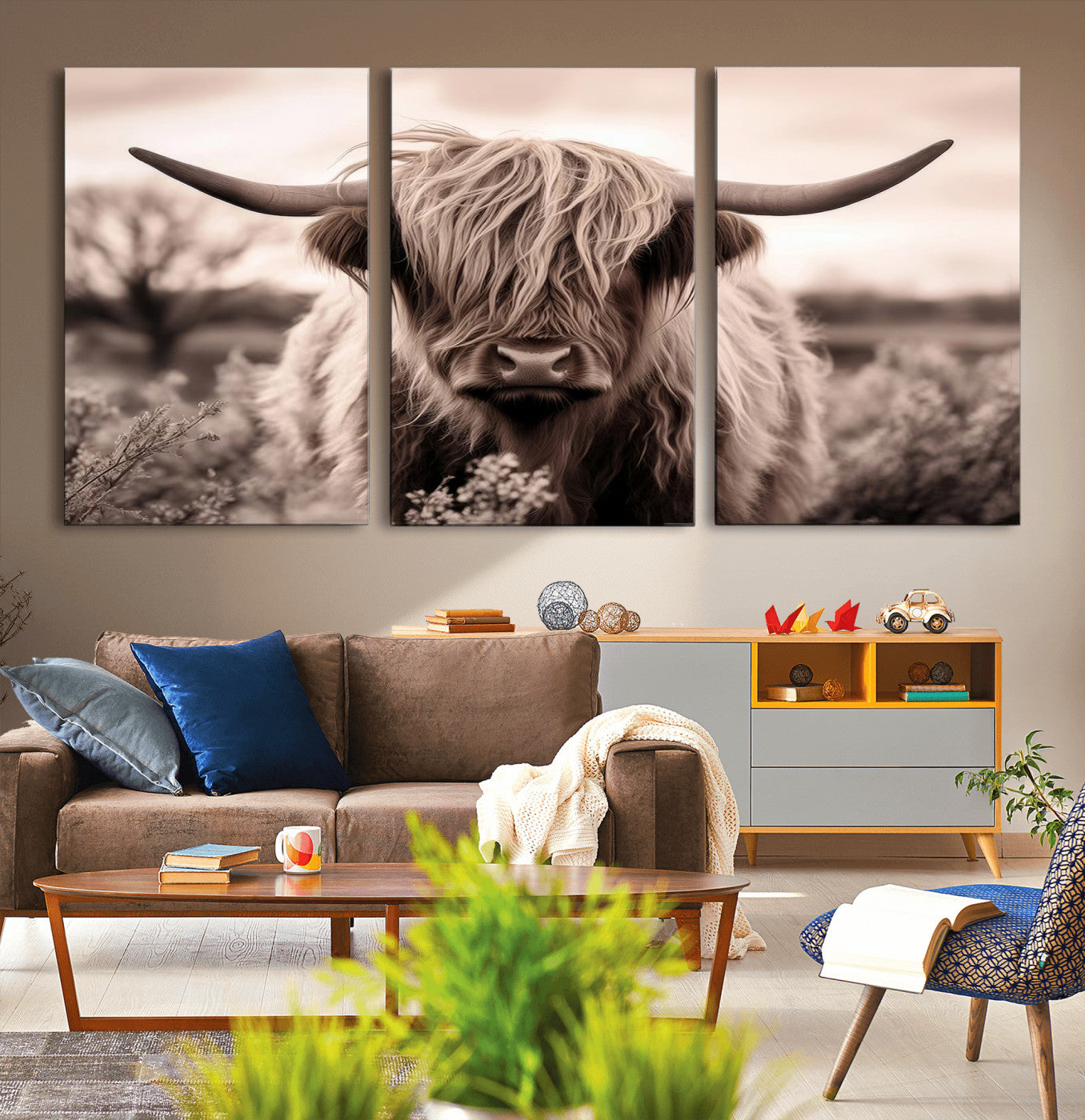 55903-MGV-CV-36X24-Highland Cow Wall Art – Rustic Sepia Scottish Highland Bull Canvas Print, Farmhouse Country Animal Decor for Living Room, Bedroom