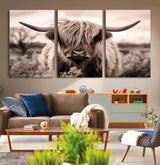 55903-MGV-CV-36X24-Highland Cow Wall Art – Rustic Sepia Scottish Highland Bull Canvas Print, Farmhouse Country Animal Decor for Living Room, Bedroom