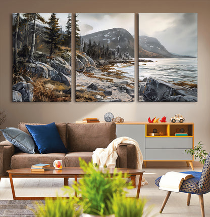 41281-MGV-CV-36X24-Rocky Shoreline Wall Art – Panoramic Mountain Coast and Forest Canvas Print, Rustic Nature Landscape Decor for Cabin, Lodge, or