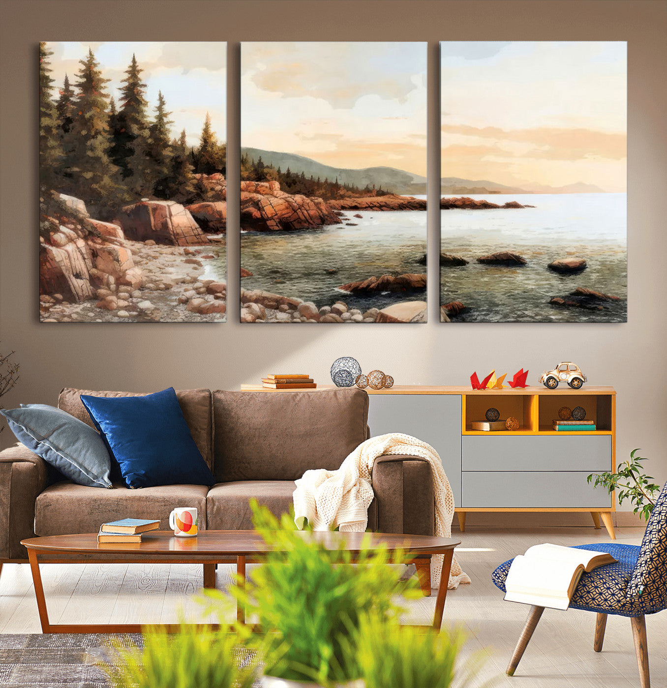 77145-MGV-CV-36X24-Coastal Landscape Wall Art – Panoramic Rocky Shoreline and Pine Trees Canvas Print, Rustic Nature Decor for Cabin, Lodge, Office,