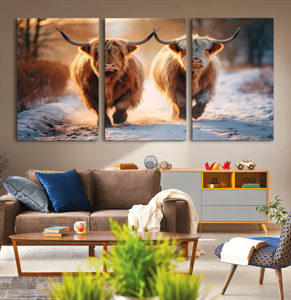 50490-MGV-CV-36X24-Highland Cow Wall Art – Rustic Panoramic Canvas Print Two Cattle Snowy Landscape, Farmhouse Country Decor for Living Room Office