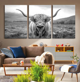 52903-MGV-CV-36X24-Highland Cow Wall Art – Black and White Canvas Print Rustic Cattle Portrait, Farmhouse Country Decor for Living Room, Office,