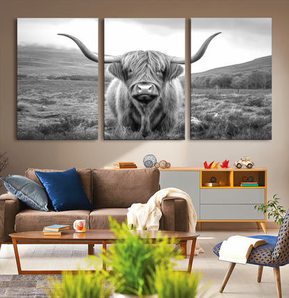 52903-MGV-CV-36X24-Highland Cow Wall Art – Black and White Canvas Print Rustic Cattle Portrait, Farmhouse Country Decor for Living Room, Office,
