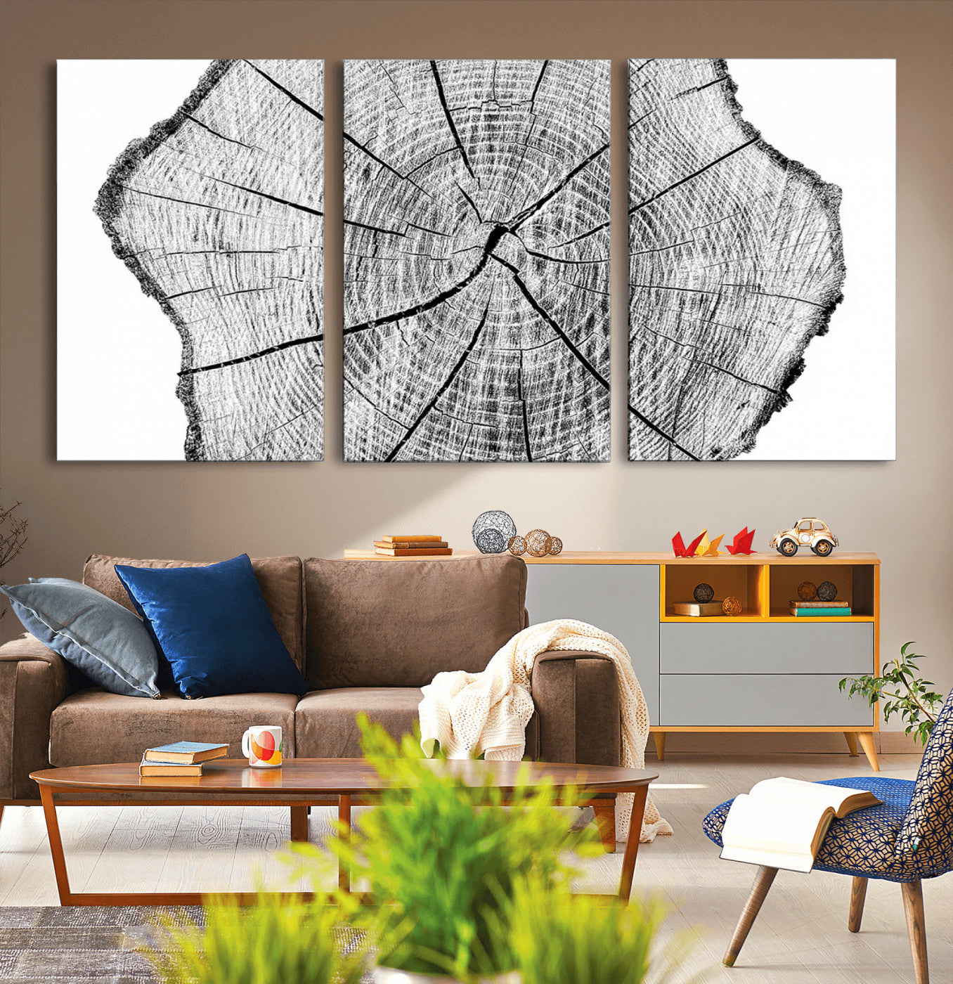 98709-MGV-CV-36X24-Tree Ring Wall Art – Black and White Canvas Print Rustic Wood Cross Section, Minimal Nature Inspired Decor for Living Room,