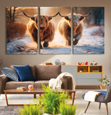 94810-MGV-CV-36X24-Highland Cow Wall Art – Rustic Canvas Print Two Cattle Snow Path Sunset, Farmhouse Country Decor for Living Room, Bedroom, Office,
