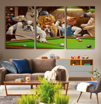 34228-MGV-CV-36X24-Dogs Playing Pool Wall Art Canvas Print, Framed Funny Dog Art Picture Print, Dog Perfect Game Room Decor Artwork