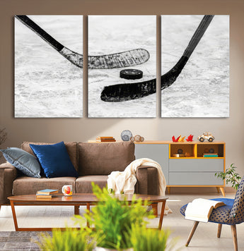 82900-MGV-CV-36X24-Hockey Wall Art – Black and White Canvas Print Ice Rink Sticks Puck Sports Photography, Modern Decor for Game Room, Man Cave,