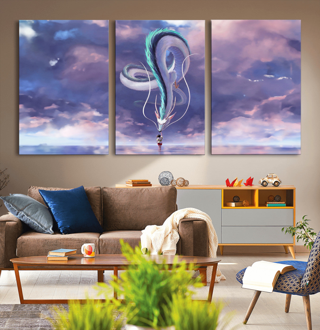 66864-MGV-CV-36X24-Fantasy Dragon Wall Art – Mystical Canvas Print Girl and Sky Serpent Dreamlike Clouds, Magical Anime Inspired Decor for Living
