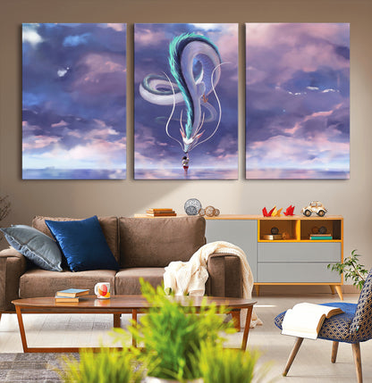 66864-MGV-CV-36X24-Fantasy Dragon Wall Art – Mystical Canvas Print Girl and Sky Serpent Dreamlike Clouds, Magical Anime Inspired Decor for Living