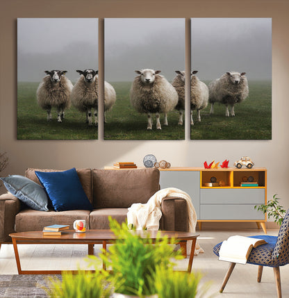 87339-MGV-CV-36X24-Sheep Wall Art – Rustic Farmhouse Canvas Print Flock Standing Misty Field Countryside Photography, Country Animal Decor for Living