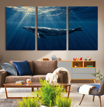 18052-MGV-CV-36X24-Whale Wall Art – Majestic Ocean Canvas Print Marine Life Underwater Sunlight Scene, Nautical Coastal Decor for Living Room,
