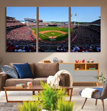90998-MGV-CV-36X24-Baseball Stadium Wall Art – Canvas Print Day Game Field Packed Crowd Bright Blue Sky Sports Photography, Classic Decor for Game
