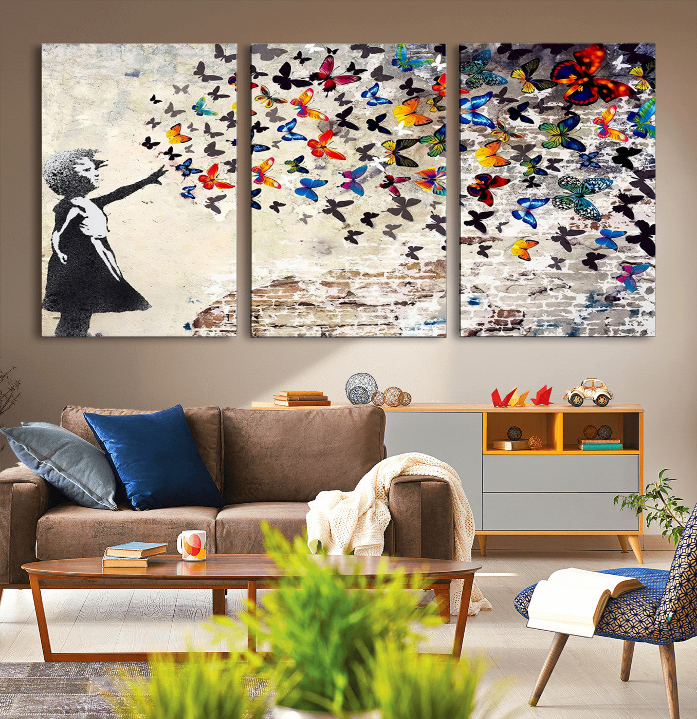 97895-MGV-CV-36X24-Girl with Butterflies Wall Art – Colorful Street Art Style Canvas Print, Modern Graffiti-Inspired Butterfly Artwork for Living