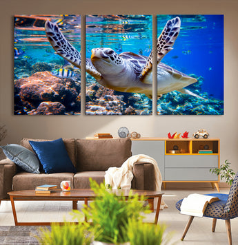 12683-MGV-CV-36X24-Sea Turtle Wall Art – Graceful Ocean Canvas Print with Coral Reef and Tropical Fish, Coastal Marine Life Decor for Beach House,