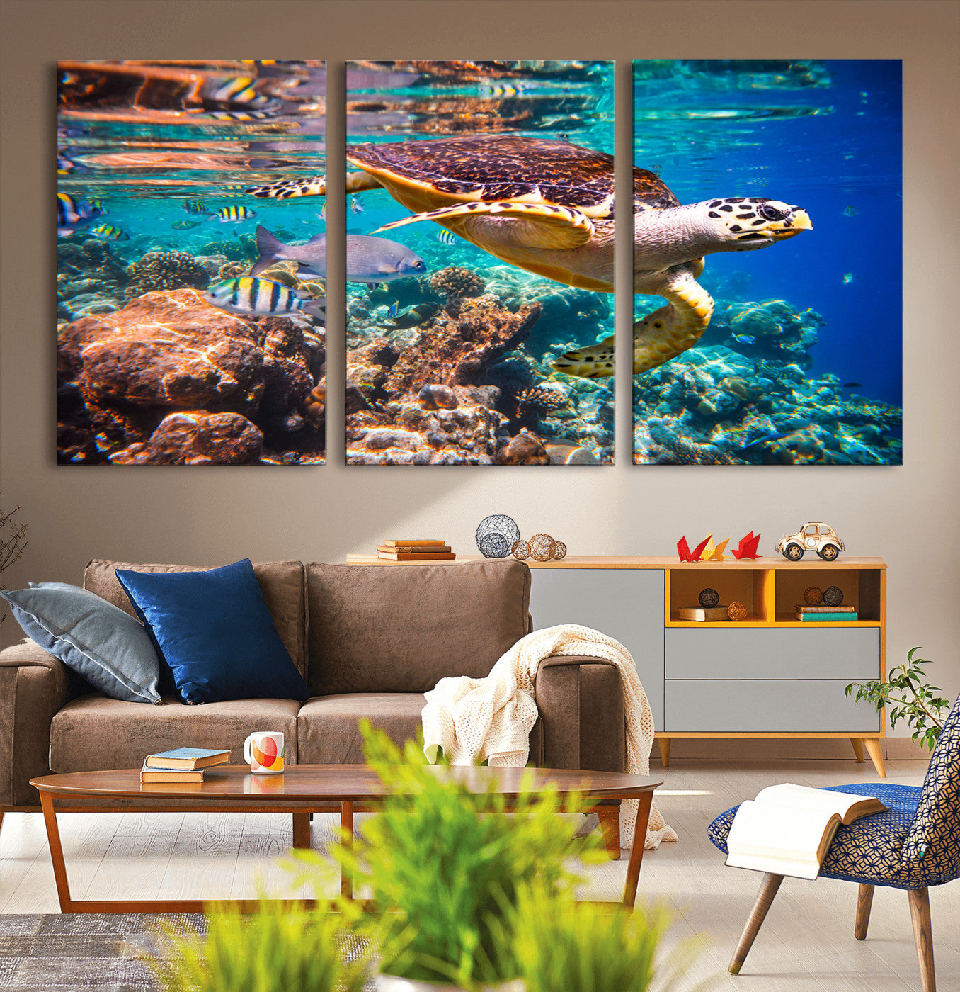66614-MGV-CV-36X24-Sea Turtle Wall Art – Hawksbill Turtle Swimming Over Coral Reef Canvas Print, Ocean Marine Life Decor for Beach House, Coastal