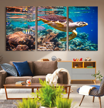 66614-MGV-CV-36X24-Sea Turtle Wall Art – Hawksbill Turtle Swimming Over Coral Reef Canvas Print, Ocean Marine Life Decor for Beach House, Coastal