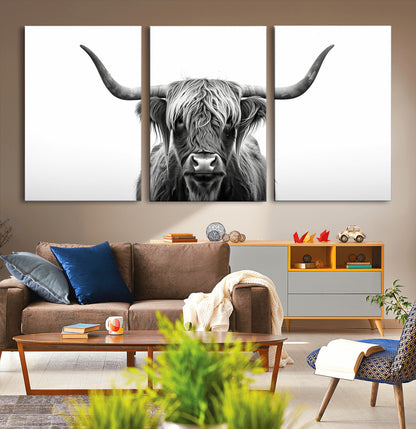 49556-MGV-CV-36X24-Highland Cow Wall Art – Black and White Scottish Highland Cattle Print, Rustic Farmhouse Minimalist Animal Portrait Canvas for