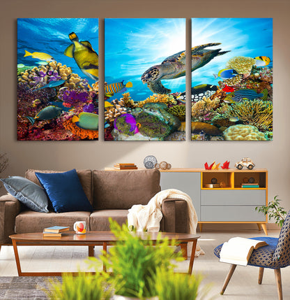 44772-MGV-CV-36X24-Underwater Sea Turtle Wall Art – Vibrant Coral Reef and Tropical Fish Canvas Print, Ocean Marine Life Decor for Living Room,