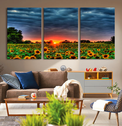 45045-MGV-CV-36X24-Sunflower Field Sunset Wall Art – Dramatic Stormy Sky Landscape Print, Vibrant Yellow Floral Nature Canvas for Living Room,
