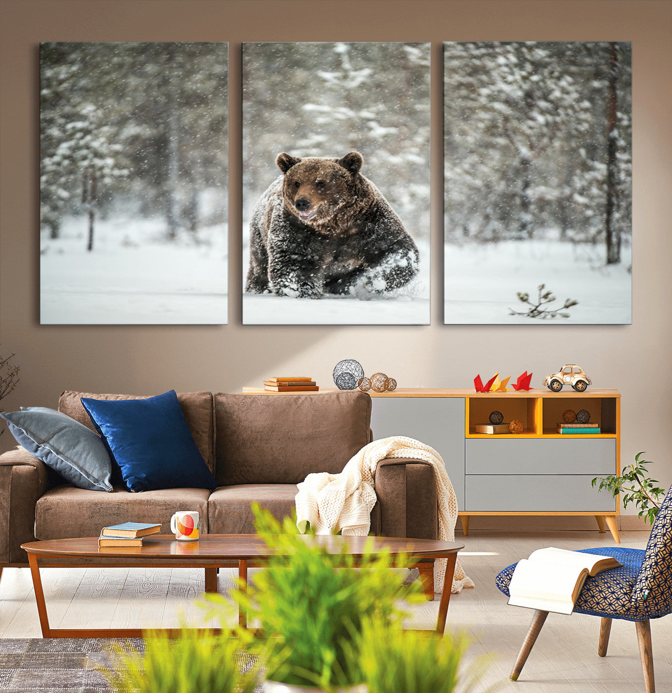 43350-MGV-CV-36X24-Wild Bear in Snow Wall Art – Majestic Wildlife Photography Print, Winter Forest Nature Decor for Cabin, Lodge, Rustic Home,