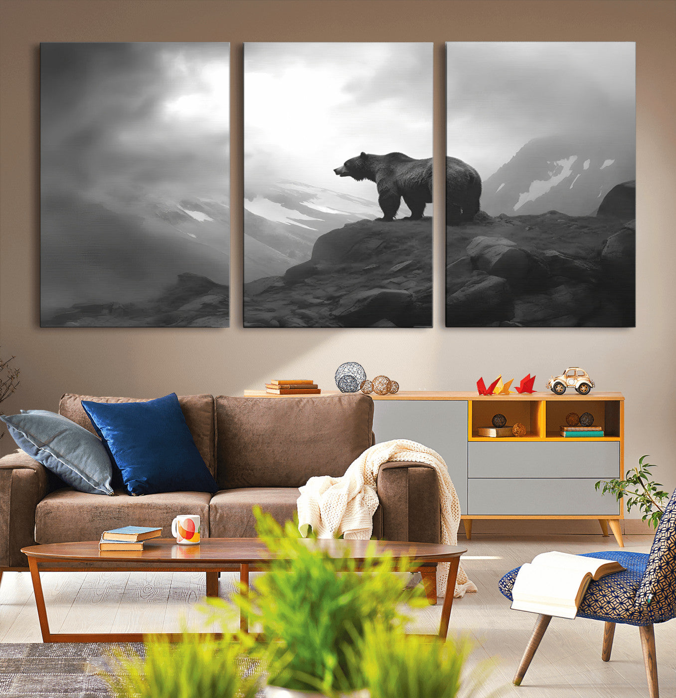 49504-MGV-CV-60X30-3P-Black and White Grizzly Bear Wall Art – Wilderness Wildlife Painting, Rustic Mountain Cabin Decor, Monochrome Animal Print for
