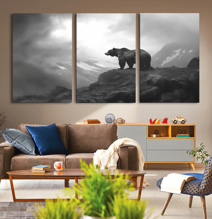 49504-MGV-CV-60X30-3P-Black and White Grizzly Bear Wall Art – Wilderness Wildlife Painting, Rustic Mountain Cabin Decor, Monochrome Animal Print for