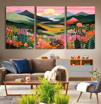 99638-MGV-CV-36X24-Sunset Meadow Wall Art – Panoramic Mountain Landscape with Wildflowers Canvas Print, Vibrant Nature Decor for Living Room, Bedroom