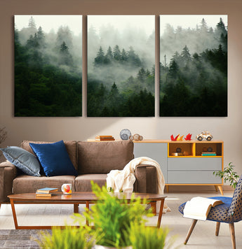 167720496-MGV-CV-36X24-Misty Forest Wall Art – Serene Evergreen Trees Canvas Print, Foggy Mountain Nature Landscape Decor for Bedroom, Living Room or