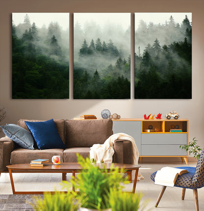 167720496-MGV-CV-36X24-Misty Forest Wall Art – Serene Evergreen Trees Canvas Print, Foggy Mountain Nature Landscape Decor for Bedroom, Living Room or