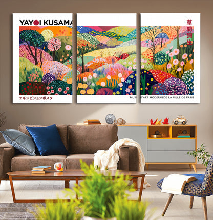 75201-MGV-CV-36X24-Yayoi Kusama Floral Wall Art – Vibrant Abstract Landscape Canvas Print, Modern Pop Art Poster for Living Room, Bedroom, or Gallery