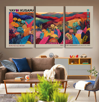 70959-MGV-CV-36X24-Yayoi Kusama Inspired Wall Art – Bold Floral Landscape Canvas Print, Vibrant Modern Abstract Poster for Living Room, Bedroom, or