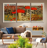 38013-MGV-CV-36X24-Yayoi Kusama Inspired Mushroom Garden Wall Art – Whimsical Botanical Canvas Print, Surreal Nature Poster, Fantasy Floral Artwork