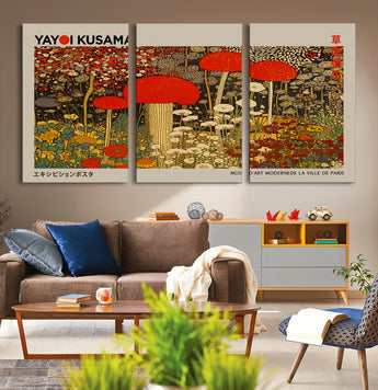 38013-MGV-CV-36X24-Yayoi Kusama Inspired Mushroom Garden Wall Art – Whimsical Botanical Canvas Print, Surreal Nature Poster, Fantasy Floral Artwork