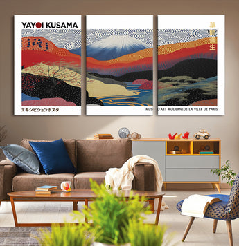 14839-MGV-CV-36X24-Yayoi Kusama Wall Art – Panoramic Mountain & River Canvas Print, Modern Abstract Japanese Landscape Decor for Living Room or