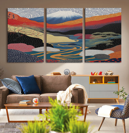 22313-MGV-CV-36X24-Yayoi Kusama Wall Art – Abstract Mount Fuji Landscape Canvas Print, Vibrant Japanese Nature Scene with River, Mountains and Sky