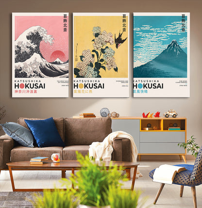 Katsushika-MGV-CV-60X30-3P-Katsushika Hokusai Wall Art Set – The Great Wave, Hydrangea and Swallow, Fine Wind Canvas Prints, Japanese Ukiyo e Style Home and