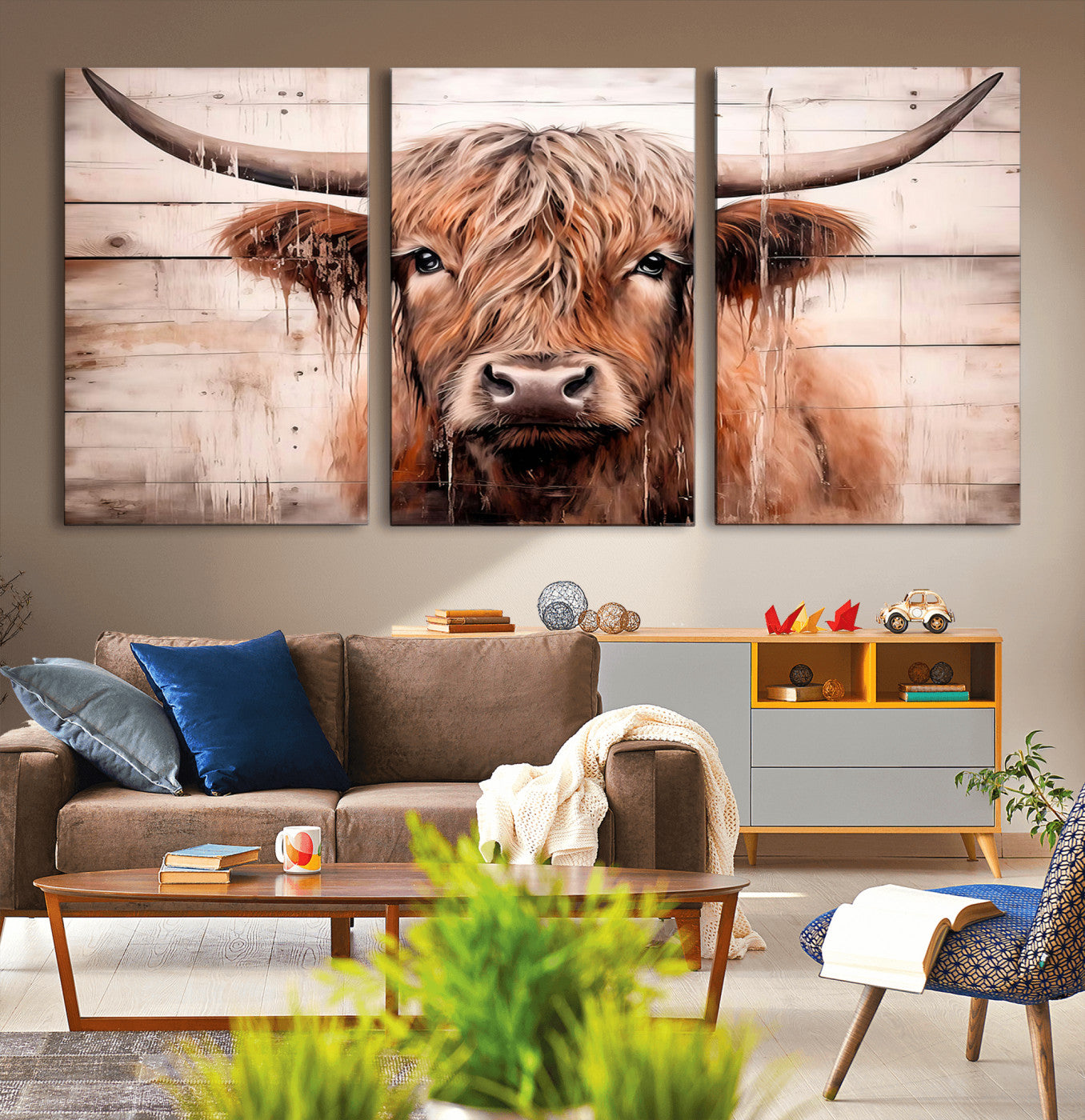 93730-MGV-CV-36X24-Scottish Cow Wall Art Canvas Print, Framed Longhorn Cow Art Picture Print, Highland Cattle Perfect Rustic Farmhouse Decor Artwork