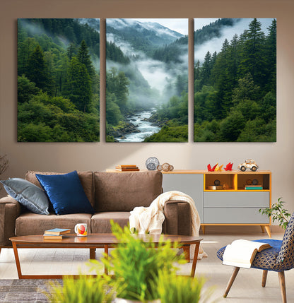 69453-MGV-CV-36X24-Mountain Forest Wall Art – Misty River and Evergreen Landscape Canvas Print, Nature Photography Poster for Living Room, Bedroom,