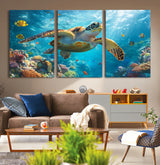 37623-MGV-CV-36X24-Sea Turtle Wall Art – Underwater Ocean Canvas Print with Coral Reef and Tropical Fish, Marine Life Painting Poster for Living