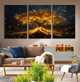 60194-MGV-CV-36X24-Glowing Tree Wall Art – Golden Roots Fantasy Canvas Print, Mystical Illuminated Tree Painting Poster for Living Room, Bedroom,
